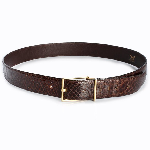 Bosca Belt Mens Caiman Glossy Croc Alligator Exotic Skin Gold Buckle - Picture 1 of 8